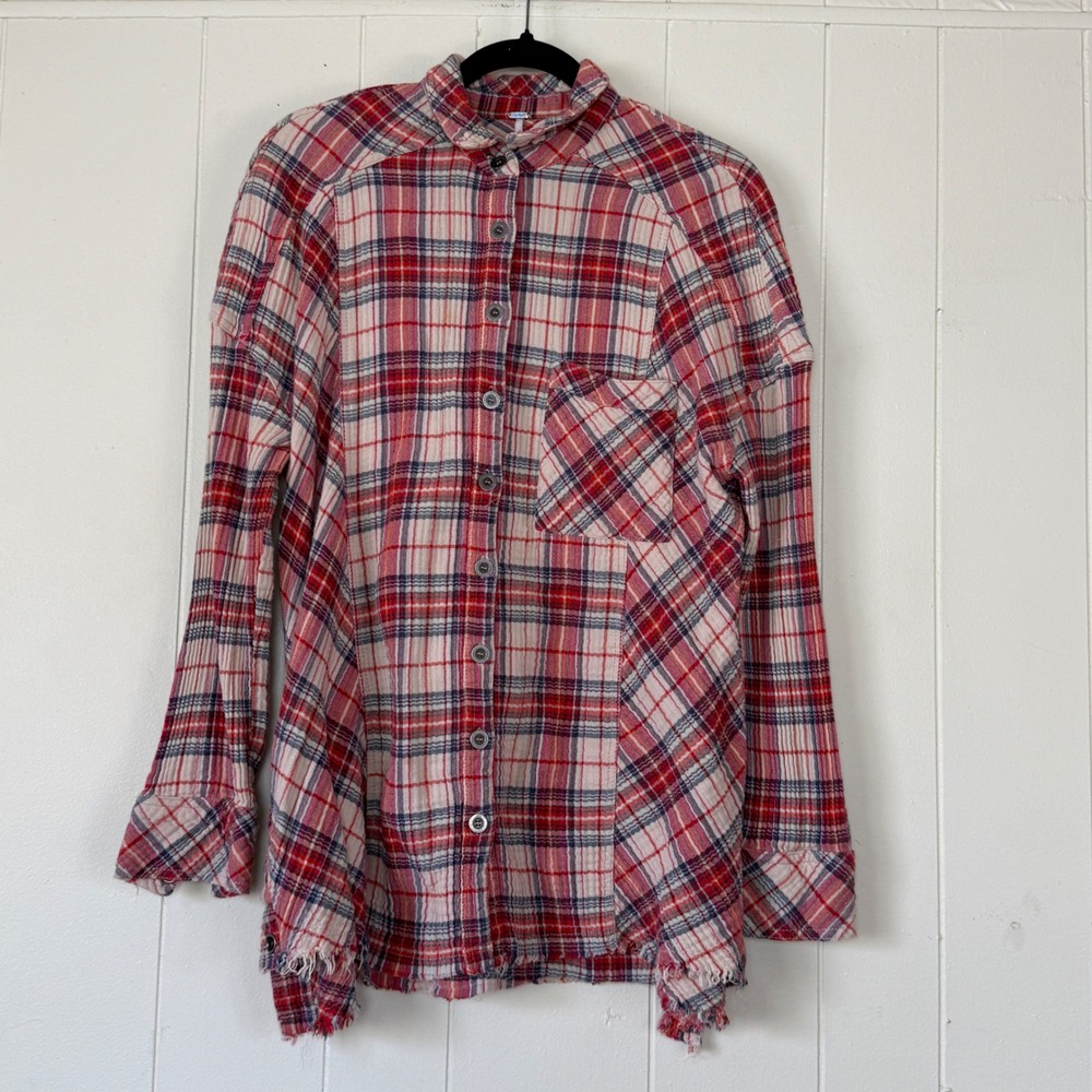 Free People Womens Plaid Gauze Western Button Down Shirt Size L Grunge Cowgirl
